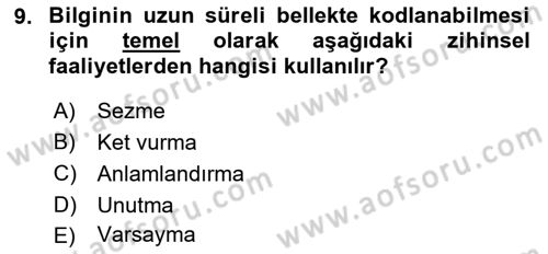 Psikoloji Dersi 2022 - 2023 Yılı Yaz Okulu Sınavı 9. Soru