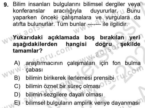 Psikoloji Dersi 2024 - 2025 Yılı (Vize) Ara Sınav Soruları 9. Soru