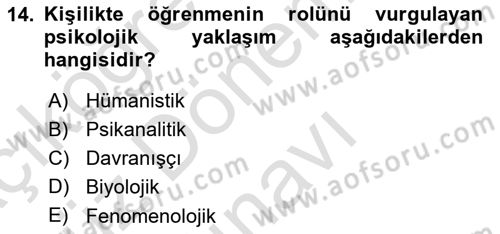 Psikoloji Dersi 2025 - 2026 Yılı (Final) Dönem Sonu Sınav Soruları 14. Soru
