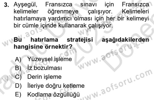 Psikoloji Dersi 2025 - 2026 Yılı (Final) Dönem Sonu Sınav Soruları 3. Soru