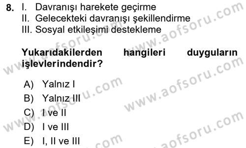 Psikoloji Dersi 2025 - 2026 Yılı (Final) Dönem Sonu Sınav Soruları 8. Soru