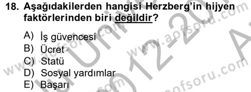 Çalışma Psikolojisi Dersi 2012 - 2013 Yılı (Vize) Ara Sınav Soruları 18. Soru