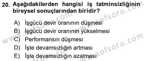 Çalışma Psikolojisi Dersi 2018 - 2019 Yılı (Vize) Ara Sınav Soruları 20. Soru