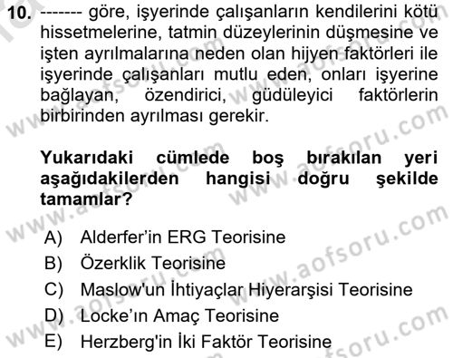 Çalışma Psikolojisi Dersi 2020 - 2021 Yılı Yaz Okulu Sınav Soruları 10. Soru
