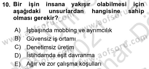 Çalışma Psikolojisi Dersi 2021 - 2022 Yılı (Vize) Ara Sınav Soruları 10. Soru