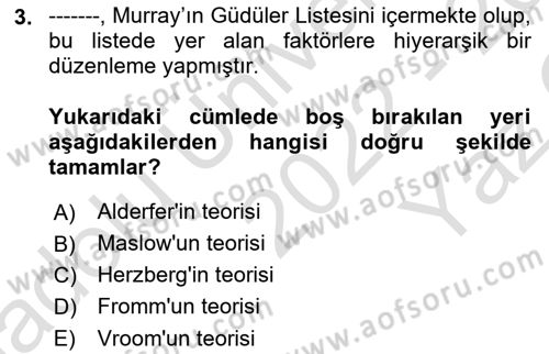 Çalışma Psikolojisi Dersi 2022 - 2023 Yılı Yaz Okulu Sınav Soruları 3. Soru