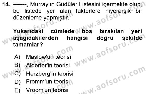 Çalışma Psikolojisi Dersi 2023 - 2024 Yılı (Vize) Ara Sınav Soruları 14. Soru