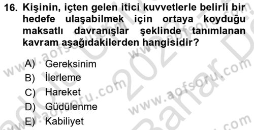 Çalışma Psikolojisi Dersi 2023 - 2024 Yılı (Vize) Ara Sınav Soruları 16. Soru
