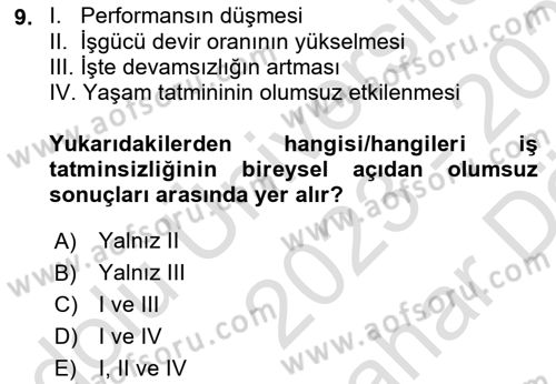 Çalışma Psikolojisi Dersi 2023 - 2024 Yılı (Vize) Ara Sınav Soruları 9. Soru