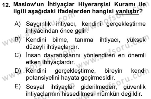Çalışma Psikolojisi Dersi 2023 - 2024 Yılı (Final) Dönem Sonu Sınav Soruları 12. Soru