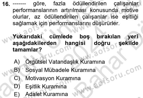 Çalışma Psikolojisi Dersi 2024 - 2025 Yılı (Vize) Ara Sınav Soruları 16. Soru