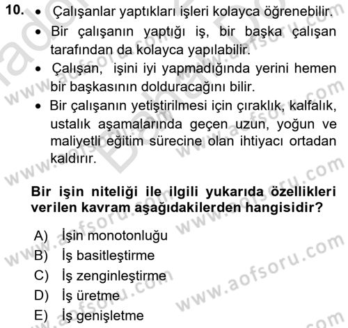 Çalışma Psikolojisi Dersi 2024 - 2025 Yılı (Final) Dönem Sonu Sınav Soruları 10. Soru