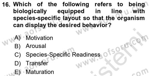 Psychology Dersi 2020 - 2021 Yılı Yaz Okulu Sınav Soruları 16. Soru