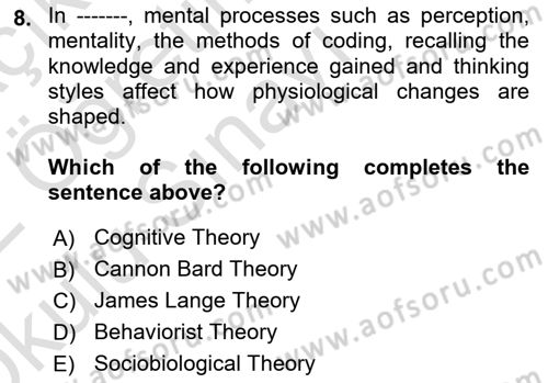Psychology Dersi 2021 - 2022 Yılı Yaz Okulu Sınav Soruları 8. Soru