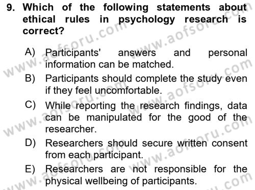 Psychology Dersi 2024 - 2025 Yılı (Vize) Ara Sınav Soruları 9. Soru