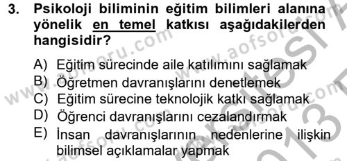 Eğitim Psikolojisi Dersi 2012 - 2013 Yılı (Vize) Ara Sınav Soruları 3. Soru