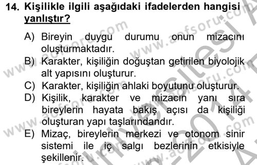 Eğitim Psikolojisi Dersi 2013 - 2014 Yılı (Vize) Ara Sınav Soruları 14. Soru
