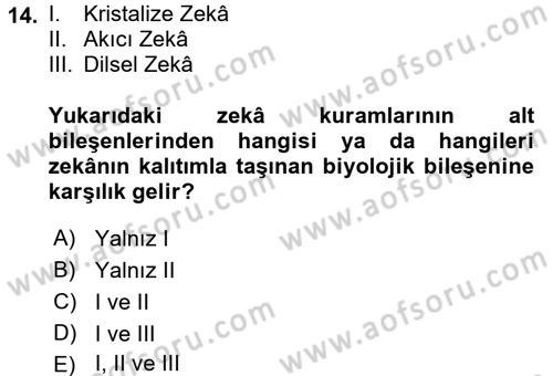 Eğitim Psikolojisi Dersi 2017 - 2018 Yılı (Vize) Ara Sınav Soruları 14. Soru