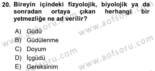 Eğitim Psikolojisi Dersi 2018 - 2019 Yılı (Final) Dönem Sonu Sınav Soruları 20. Soru