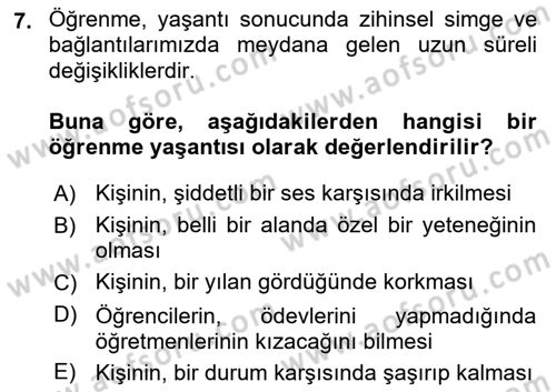 Eğitim Psikolojisi Dersi 2018 - 2019 Yılı (Final) Dönem Sonu Sınav Soruları 7. Soru