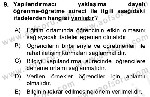 Eğitim Psikolojisi Dersi 2018 - 2019 Yılı (Final) Dönem Sonu Sınav Soruları 9. Soru