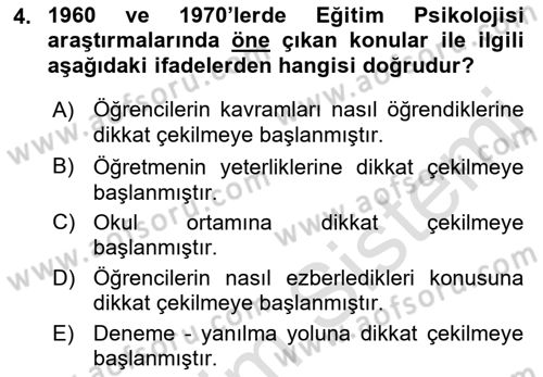 Eğitim Psikolojisi Dersi 2020 - 2021 Yılı Yaz Okulu Sınav Soruları 4. Soru