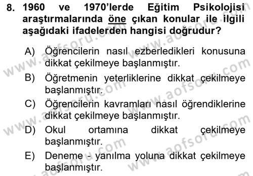 Eğitim Psikolojisi Dersi 2022 - 2023 Yılı Yaz Okulu Sınavı 8. Soru