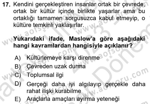 Eğitim Psikolojisi Dersi 2023 - 2024 Yılı (Final) Dönem Sonu Sınav Soruları 17. Soru