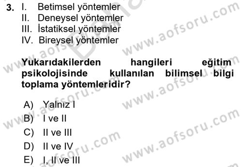 Eğitim Psikolojisi Dersi 2023 - 2024 Yılı (Final) Dönem Sonu Sınav Soruları 3. Soru