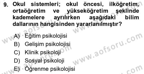Eğitim Psikolojisi Dersi 2024 - 2025 Yılı (Vize) Ara Sınav Soruları 9. Soru