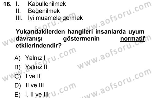 Sosyal Psikoloji 1 Dersi Ara Sınavı Deneme Sınav Soruları 16. Soru