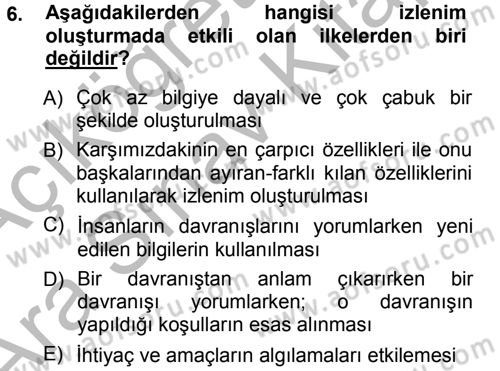 Sosyal Psikoloji 1 Dersi Ara Sınavı Deneme Sınav Soruları 6. Soru