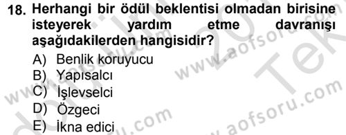 Sosyal Psikoloji 1 Dersi 2013 - 2014 Yılı Tek Ders Sınav Soruları 18. Soru