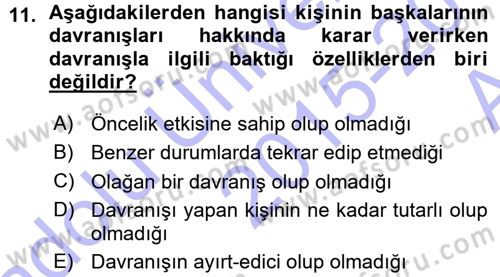 Sosyal Psikoloji 1 Dersi 2015 - 2016 Yılı (Vize) Ara Sınav Soruları 11. Soru