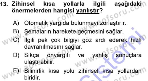 Sosyal Psikoloji 1 Dersi 2015 - 2016 Yılı (Vize) Ara Sınav Soruları 13. Soru