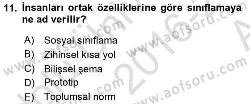 Sosyal Psikoloji 1 Dersi 2016 - 2017 Yılı (Vize) Ara Sınav Soruları 11. Soru