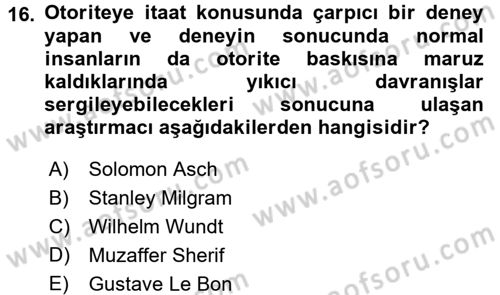 Sosyal Psikoloji 1 Dersi Ara Sınavı Deneme Sınav Soruları 16. Soru