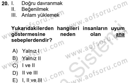 Sosyal Psikoloji 1 Dersi Ara Sınavı Deneme Sınav Soruları 20. Soru