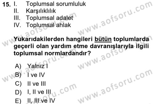 Sosyal Psikoloji 1 Dersi 2017 - 2018 Yılı 3 Ders Sınav Soruları 15. Soru