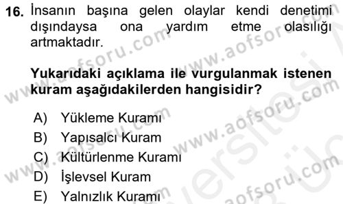 Sosyal Psikoloji 1 Dersi 2017 - 2018 Yılı 3 Ders Sınav Soruları 16. Soru