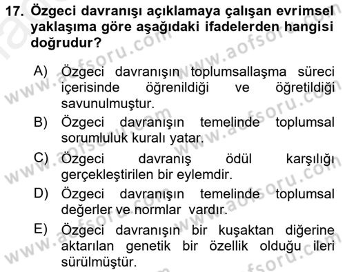 Sosyal Psikoloji 1 Dersi 2017 - 2018 Yılı 3 Ders Sınav Soruları 17. Soru