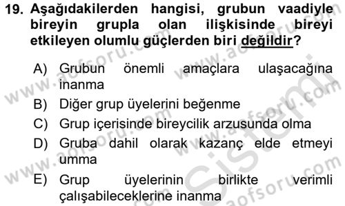 Sosyal Psikoloji 1 Dersi Ara Sınavı Deneme Sınav Soruları 19. Soru