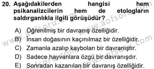 Sosyal Psikoloji 1 Dersi 2017 - 2018 Yılı (Final) Dönem Sonu Sınav Soruları 20. Soru