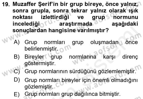 Sosyal Psikoloji 1 Dersi 2018 - 2019 Yılı (Vize) Ara Sınavı 19. Soru