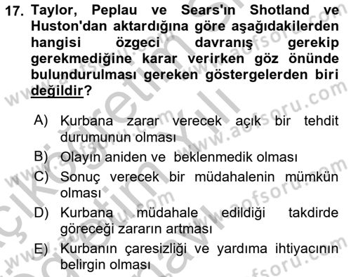 Sosyal Psikoloji 1 Dersi 2018 - 2019 Yılı Yaz Okulu Sınav Soruları 17. Soru