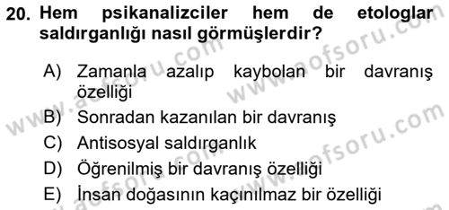 Sosyal Psikoloji 1 Dersi 2018 - 2019 Yılı Yaz Okulu Sınav Soruları 20. Soru