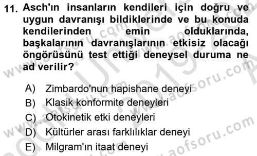 Sosyal Psikoloji 1 Dersi 2019 - 2020 Yılı (Vize) Ara Sınav Soruları 11. Soru