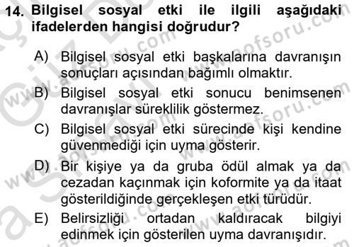 Sosyal Psikoloji 1 Dersi 2019 - 2020 Yılı (Vize) Ara Sınav Soruları 14. Soru