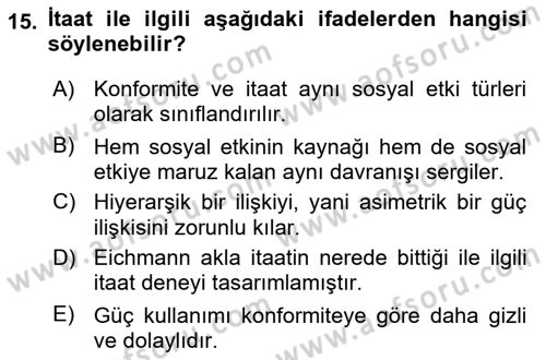 Sosyal Psikoloji 1 Dersi 2019 - 2020 Yılı (Vize) Ara Sınav Soruları 15. Soru