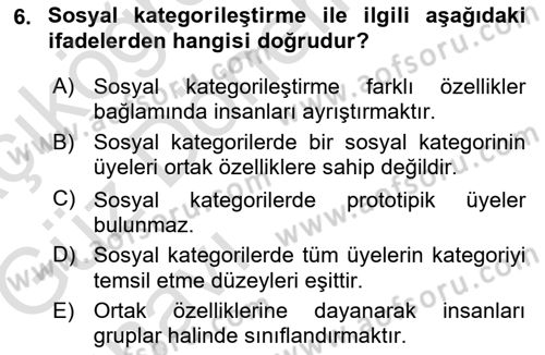 Sosyal Psikoloji 1 Dersi Ara Sınavı Deneme Sınav Soruları 6. Soru